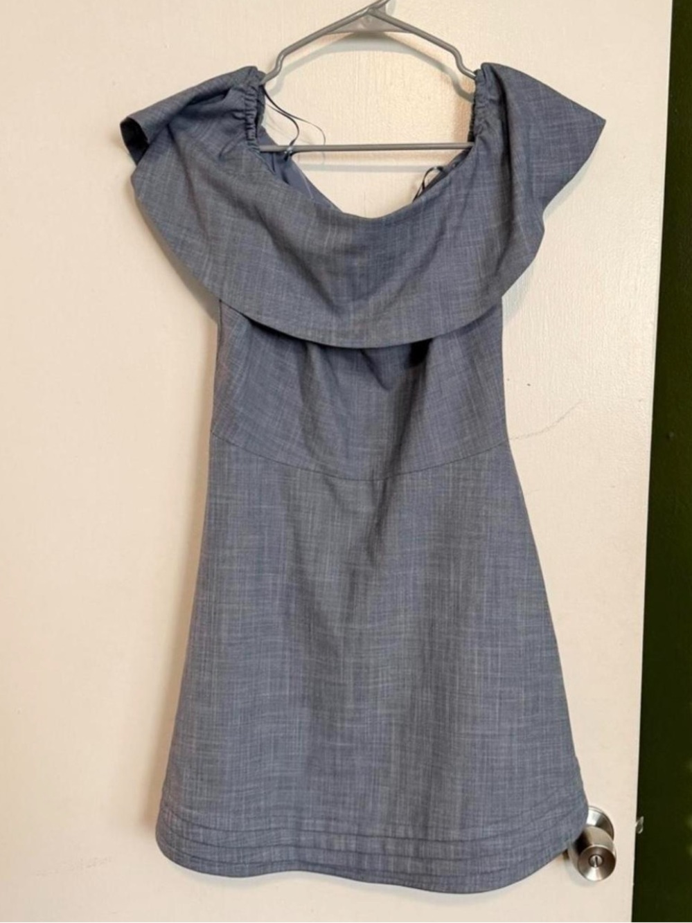 Banana republic blue off the shoulder ruffle fit and flare dress 
size 8